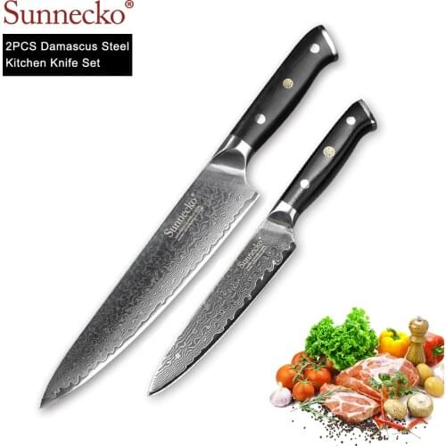 SUNNECKO 2PCS Kitchen Knives Set Utility Chef Knife Japanese Damascus VG10 Steel Razor Sharp G10 Handle Cooking Cutter Tools