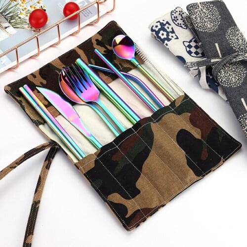 304 Stainless Steel Knife Fork Spoon Chopsticks Set Creative Portable Tableware Straw Fork Chopsticks 9 Pieces Dinnerware Set