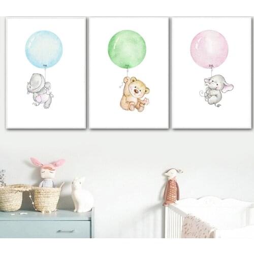 Abstract Elephant Bear Hippo Wall Art Poster Blue Green Pink Balloon Canvas Animal Print Painting Nordic Picture Baby Room Decor