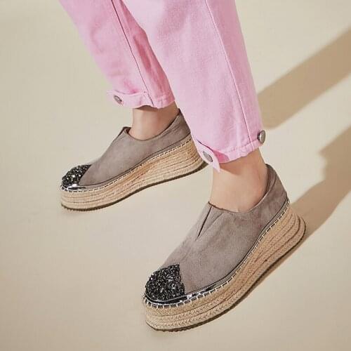 Single Shoe Women Autumn 2021 Cow Leather Thick Soled Flat Platfrom Boats Shoes Diamond Hemp Woven Fishermans Lazy Loafers