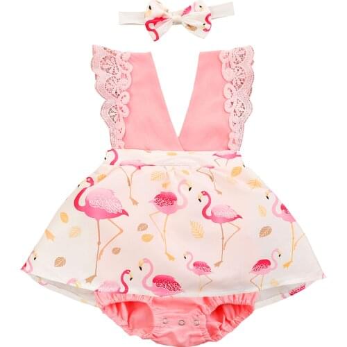 0-24M Cute Baby Girls Romper Dress Flamingo Printed Lace Sleeveless V Neck Jumpsuits Summer