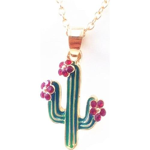 Cute Gold-color Green Enamel Cactus Pendant Necklaces For Women Girls Gifts Bijoux Red Crystal Flowers Necklace Fashion Jewelry