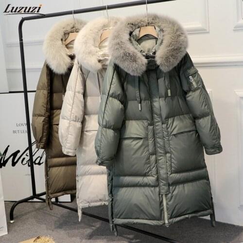 Luzuzi Winter 90% White Duck Down Parkas Women Warm Large Real Natural Fox Fur Collar Hooded Long Thicken Down Jackets Outwear