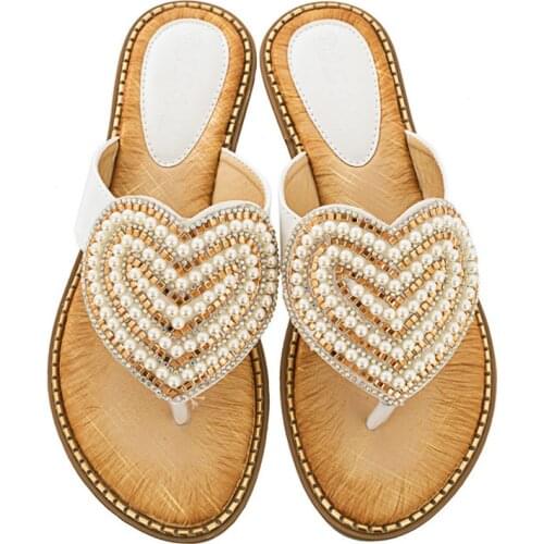 Summer New Sandals String Fashion Bead Love Slippers Women Flip Flops Toe Solid Outside Wedges Low (1cm-3cm) Leisure Large Size