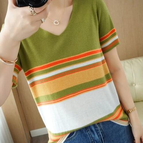 Zocept Summer Womens Sweater Short-Sleeved V-Neck Color Striped Top T-Shirt Ladies Wool Blend Knitting Fashion Street Pullovers