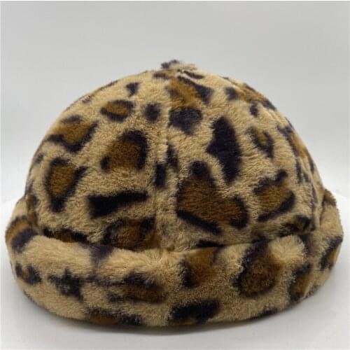Instock Womens Cap Leopard Brown Brimless Cap Winter Faux Fur Warm Hat Unisex Mens Cap