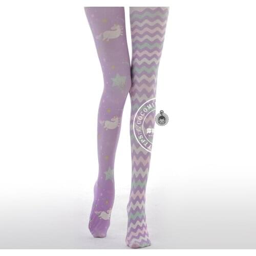 High-quality Japanese Sweet Purple Dreamy Print Pantyhose Lolita Personality Stockings Cosplay Striped Asymmetrical Tights