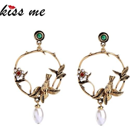 Kissme Vintage Gold Color Birds Flowers Acrylic Pearl Drop Earrings For Women Big Design Hyperbole Fashion Jewelry Accessories