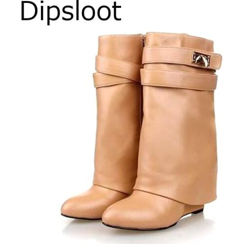 Ladies Fall Fashion Fold Collar Wedge Heels Boots Lock Metal Buckle Belt Fasten Med Calf Riding Boots Zip Slip-on Knight Boots