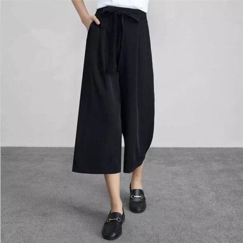 2020 Women Summer Autumn Black Chiffon Wide Leg Pants Wide Sashes Bow Sweet Calf-Length Pants OL Large Size Trouser 7XL