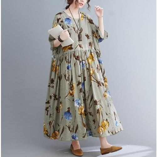 Vintage Dress 2021 New Arrival Short Sleeve Loose Summer Dress Thin Soft Cotton Print Floral Travel Casual Women Long Maxi Dress