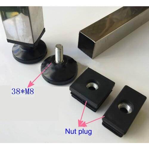 1 Set Black Plastic Square Nut Plug+Adjusting feet 38*M8*17mm Protection Gasket Dust Seal End Cover Caps Chairs Furniture