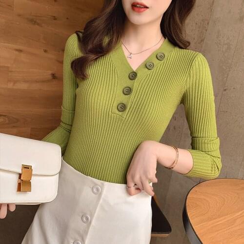 2021 Autumn Winter Women Knitted Ribbed Sweater Sexy V-Neck Slim Sweater Women Casual Button Long Sleeve Pullover Jumper Female