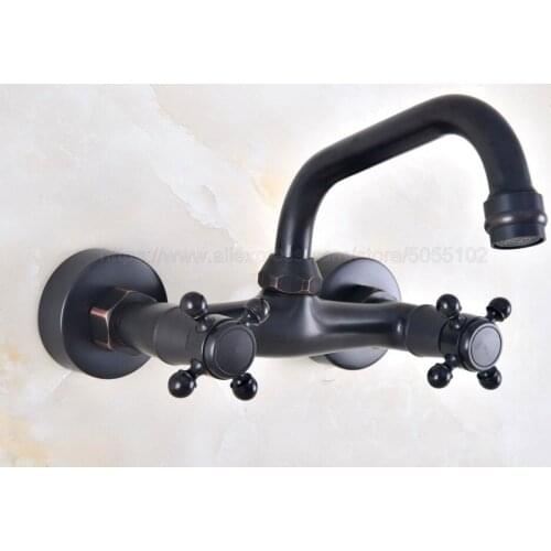 Oil Rubbed Bronze Dual Handles Bathroom Kitchen Sink Faucets Wall Mounted Swivel Spout Two Holes Kitchen Mixer Taps znf811