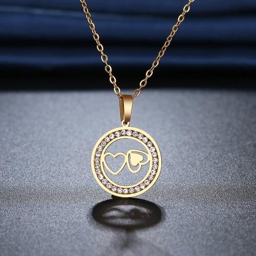 CACANA 316L Stainless Steel Necklace Crystal Rhinestone Fashion Two Hearts Necklaces For Women Wedding Valentines Day Gifts