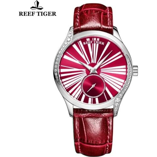 Reef Tiger/RT Luxury Fashion Watches Women Roman Numeral Red Watch Genuine Leather Strap Automatic Watches reloj mujer RGA1561