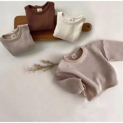 Boys and girls infant childrens wear sweater round neck long sleeve top autumn round neck waffle T-shirt