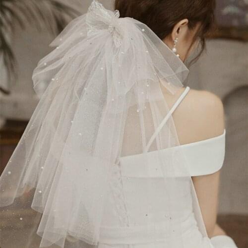 Elegant Princess Wedding Veil Short Shoulder Length New Bridal Engagement Mariage Veils With Bow Mariage Accessoire Real Photo