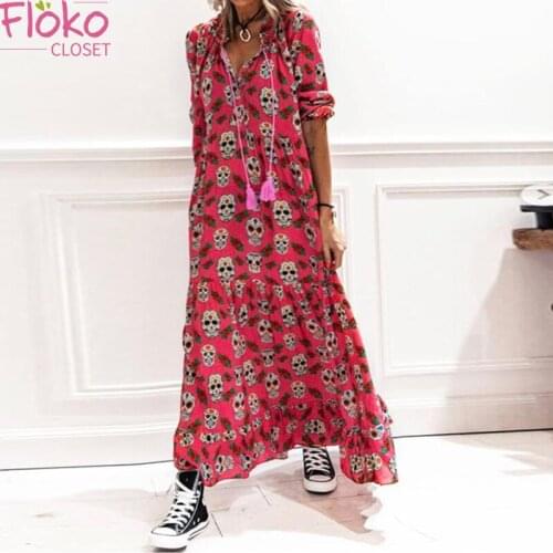 Flokocloset Halloween Skull Print Long Sleeved Maxi Dress Spring Autumn Women Y2k Party Dresses