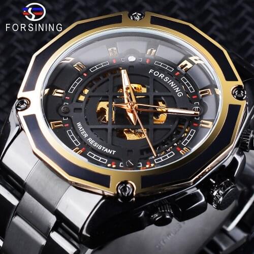 Forsining 2018 Transparent Watch Luminous Hands Black Stainless Steel Men Automatic Skeleton Watch Top Brand Luxury Montre Homme