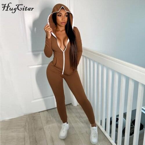 Hugcitar 2020 Long Sleeve Zipper Hooded Jumpsuit Autumn Winter Women Fashion Streetwear Outfits Pocket Patchwork Romper
