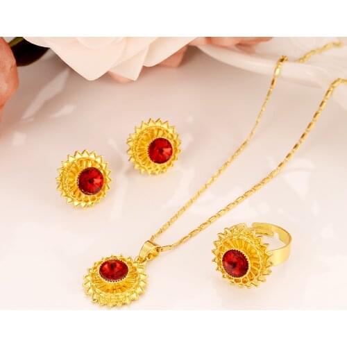 I New Ethiopian Gold red rainstone Jewelry sets Pendant/Earrings/Bangle gold Stone Africa Ethiopia Wedding set Habesha Eritrea