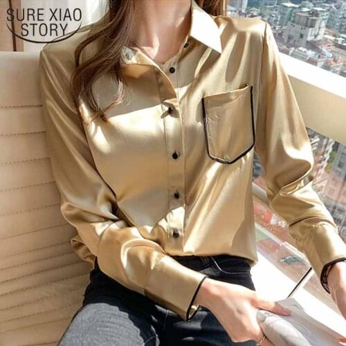 Korean Vintage 2021 New Fashion Chiffon Pocket Tops Ladies Elegant Satin Silk Shirt Long Sleeve Professional Blouse Women 12804