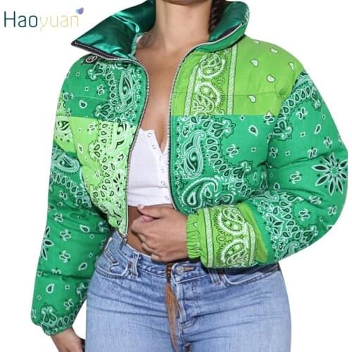 HAOYUAN Casual Print Puffer Bandana Jacket Winter Coat for Women Warm Fashion Clothing Streetwear Crop Parka Puffer Bubble Coat