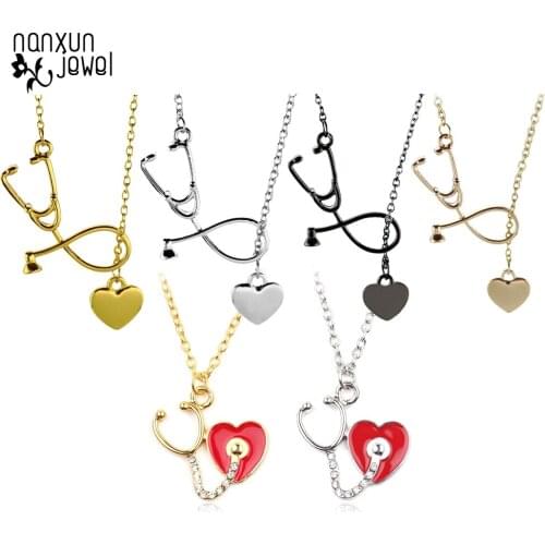 Medical Syringe Stethoscope Pendant Necklace Rhinestone Heart Enamel Chain Necklace Nurse Doctor Medical Students Women Men Gift