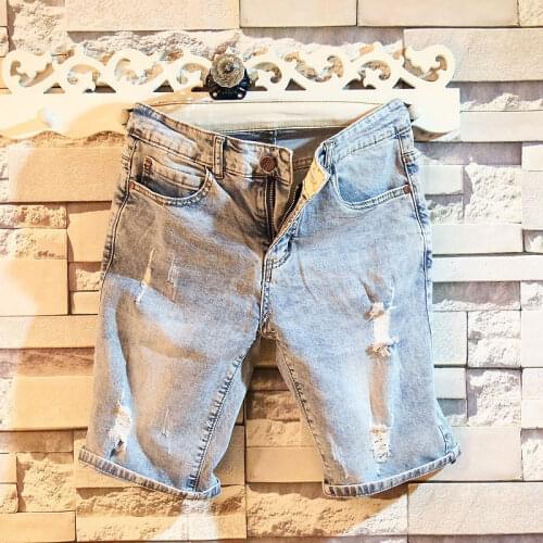 Summer 2020 Fashion street hip hop mens denim shorts brand knee length hole Korean pants straight feet trendy mens short pants