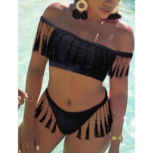 2021 New Sexy Women Solid Color Bikini Set Off-shoulder Tassels Swimsuits Off Shouler Bikinis Summer Ladies Two-pieces Swimwear