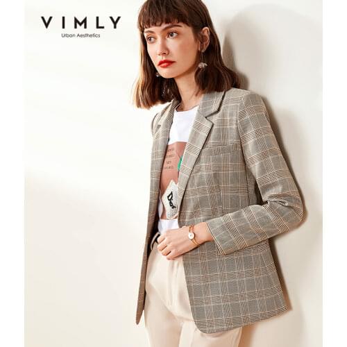 Vimly Office Lady Blazer Elegant Plaid Stripe Turn Down Collar Single Button Slim Vintage Female Jackets F0327