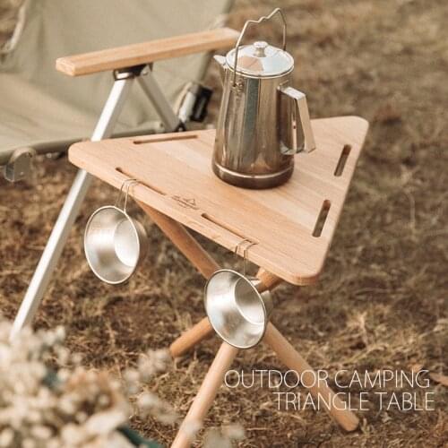 Outdoor Camping Solid Oak Wood Triangle Trestle Desk Pennant Stool Fishing Picnic Barbecue Coffee Teapoy Table Glamping Gear