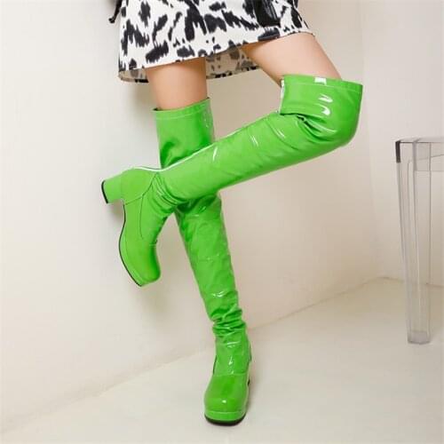 PXELENA 7 Candy Color Women Thigh High Boots Patent Leather Med Heels Riding Over The Knee Boots 34-45 Purple Green Red Yellow
