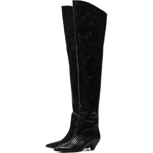 Sexy Ladies Shiny Stone Pattern Leather Thigh high Boots over Knee Long Boots Spike Med Heels Pointed toe Fashion Knight Boots