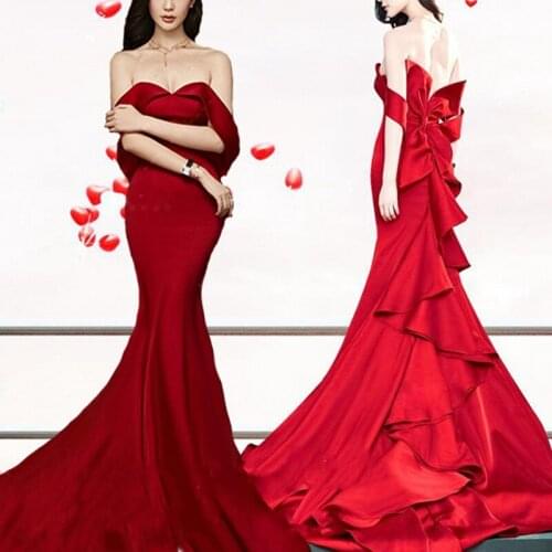 Sexy Tiered Mermaid Evening Dresses Long Strapless Backless Red Carpet Celebrity Evening Party Dress Big Bow Women Gown