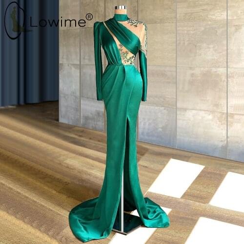 Green Long Sleeves Mermaid Evening Dresses 2021 Muslim High Neck Celebrity Robes Ruched Beaded Satin Prom Party Gowns