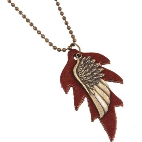 Vintage Hiphop Wing Long Necklace Fashion Brown Leather Pendant Metal Charm Chain Hippie Choker for Women Men Retro Jewelry Gift