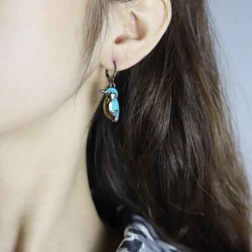 Vintage Little Bird Long Drop Earring for Women Boho Jewelry Natural Blue Turquoise Puck Stud Turquoises Stone Hanging Earrings