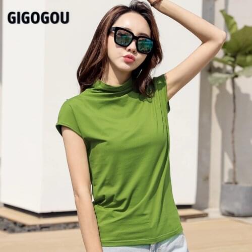 GIGOGOU 2XL 3XL Summer Cotton T Shirt Women Short Sleeve Female Tshirt Turtleneck Slim Fit Top Tee Shirts 2019 Camiseta Mujer