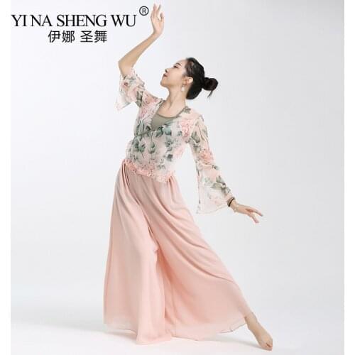 Womens Classical Dance Modern Dance Performance Clothing Chinese Gauze Short Shirt Print Professional Pants Practice Clothes