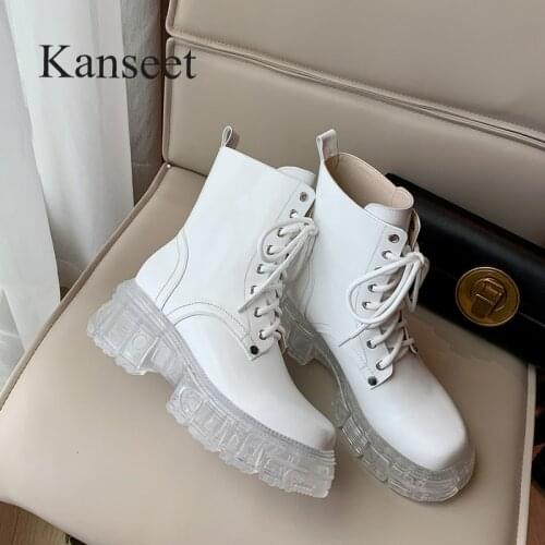 Kanseet Cross-Tied Crystal Transparent Heels Ankle Boots Women 2021 New Autumn Winter Cow Leather Round Toe Female Short Boots