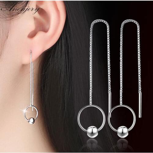ANENJERY 925 Sterling Silver Circle Earrings Elegant Long Chain Earrings For Women Oorbellen Brincos S-E295