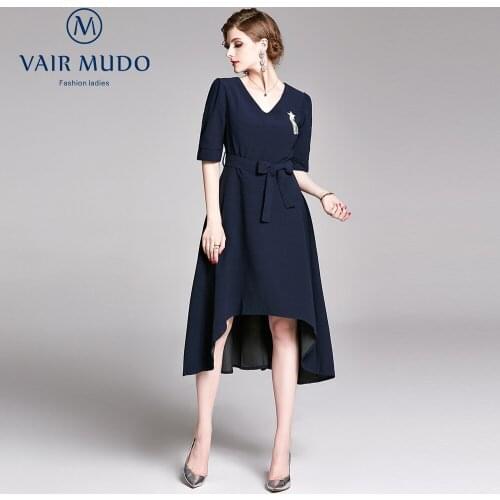 VAIR MUDO Spring Autumn 2021 New V-neck Lace-Up Waist Mid-Sleeve Irregular Long Skirt Dress Women Elegant Casual Women Y-143