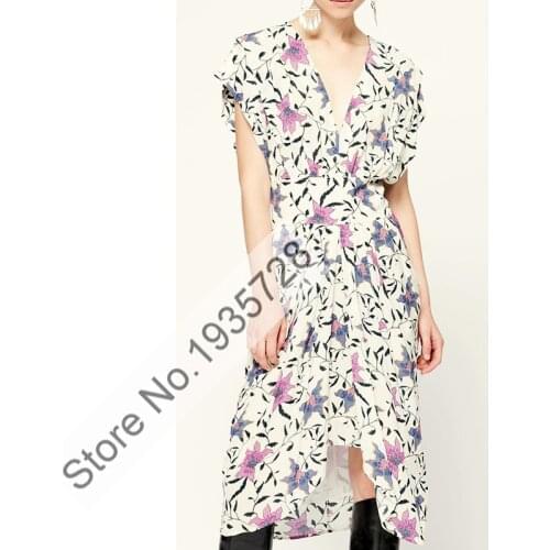 Women 100% Viscose Ruffle Sleeve V Neckline Floral Printing Asymmetric Midi Dress