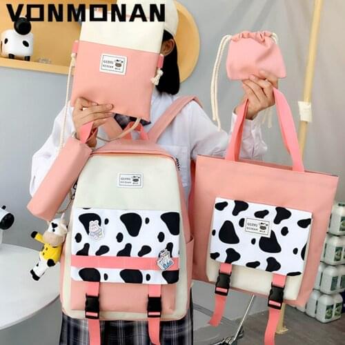 5 Pcs Cute Backpack Purse Kawaii Canvas Schoolbag for Teenage Girls College Large Satchel Pencil Case Student Book Bag Rucksack