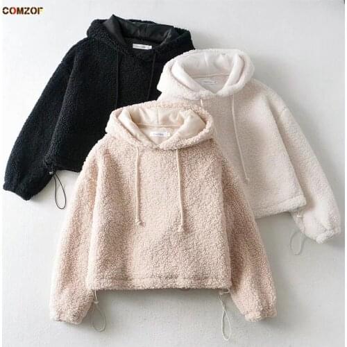 Lamb Wool Short Hoodie Women Long Sleeve Crop Top Pullover Thick Hoody Fashion Sweatshirt Coats Lady Clothes Femme Chandails