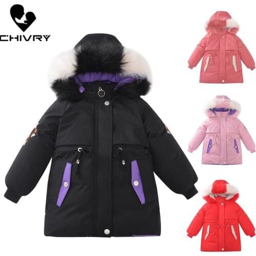New 2020 Children Parka Winter Warm Down Jackets Girls Zipper Faux Fur Collar Hooded Cotton Padded Long Coat Thicken Outerwear
