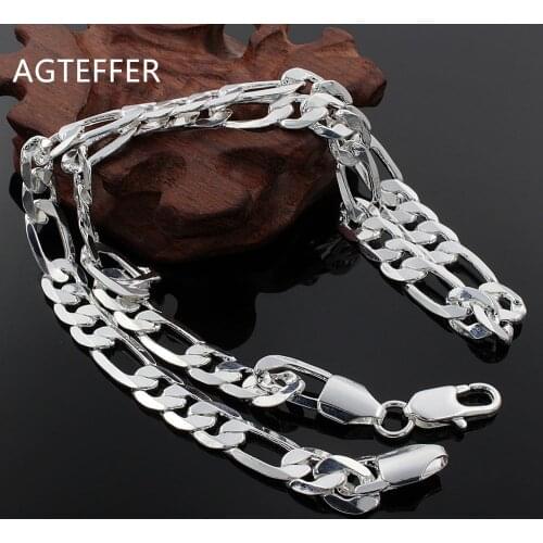 AGTEFFER 925 Sterling Silver 20 Inch 8mm Flat Classic Chain Necklace For Women Man Fashion Wedding Party Charm Jewelry