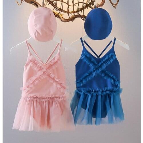 Summer Swimsuit Baby Girls Bikini One-Piece Swimwear Agaric Lace Mesh Children Swimming Bathing Suit With Cap Kids Beach Wear